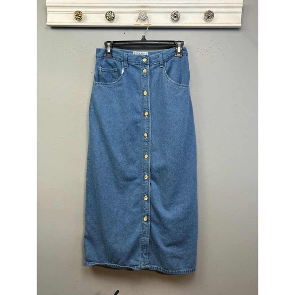 AJS Denimwear Maxi Skirt Womens 7/8 Blue Button‎ Front Cotton High Waisted